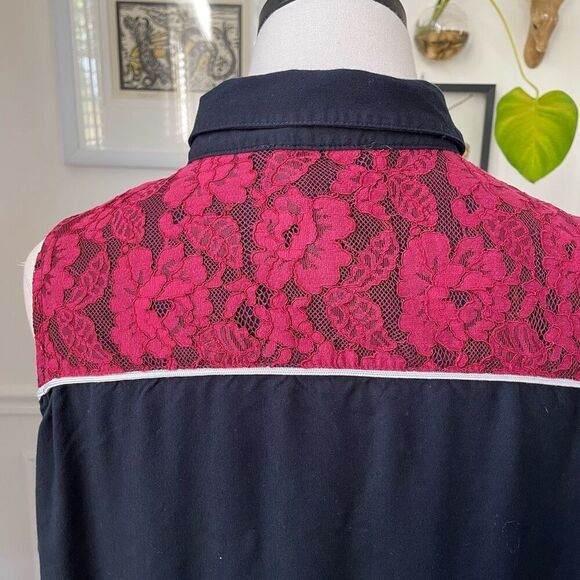 Shyanne Cold Shoulder Western Snap Front Cowgirl Shirt Black Red Lace Embroidere - Picture 7 of 9